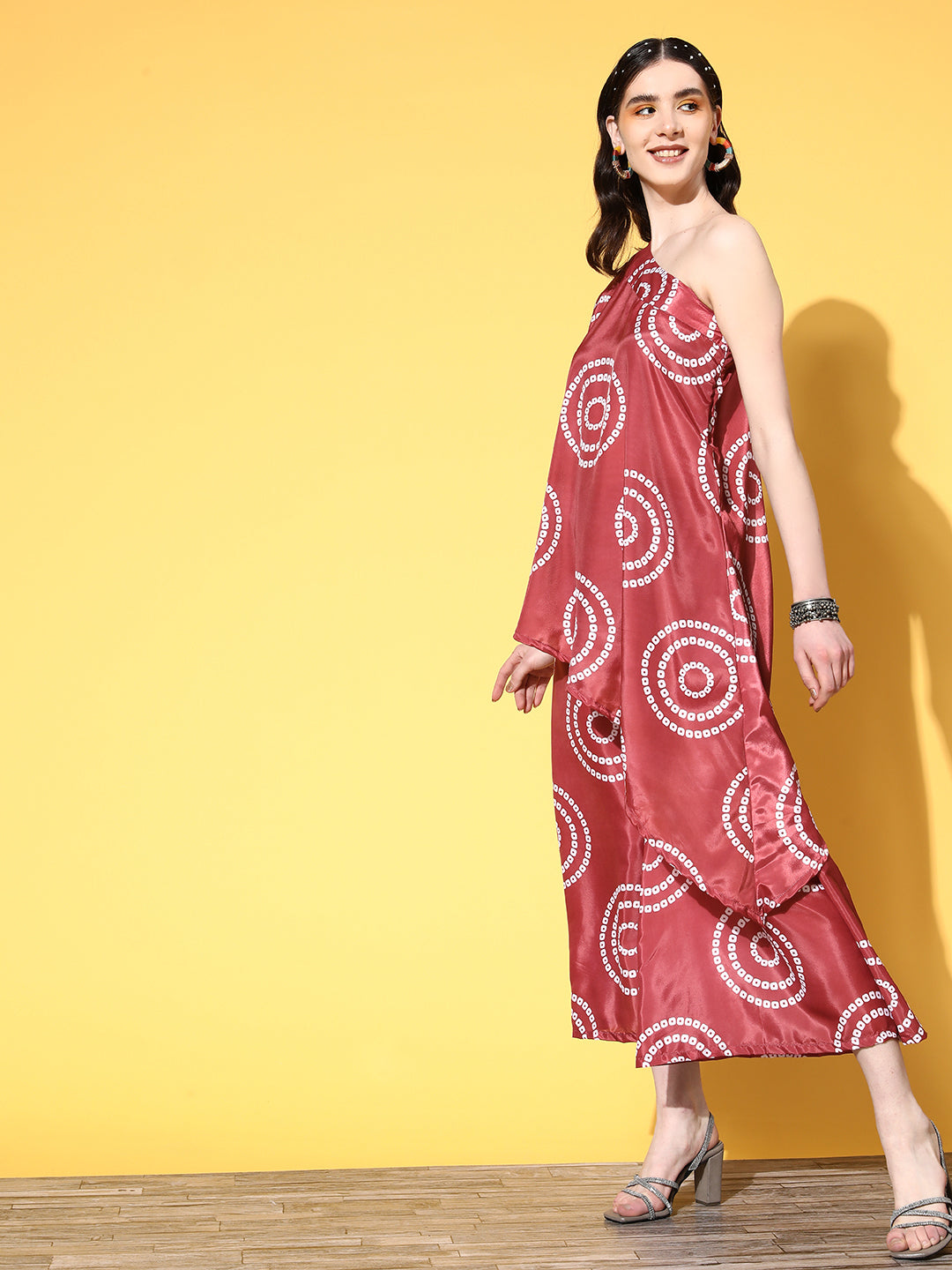 InWeave Women's Maroon Bandhani Motif One Shoulder Palazzo Set | Grocsy