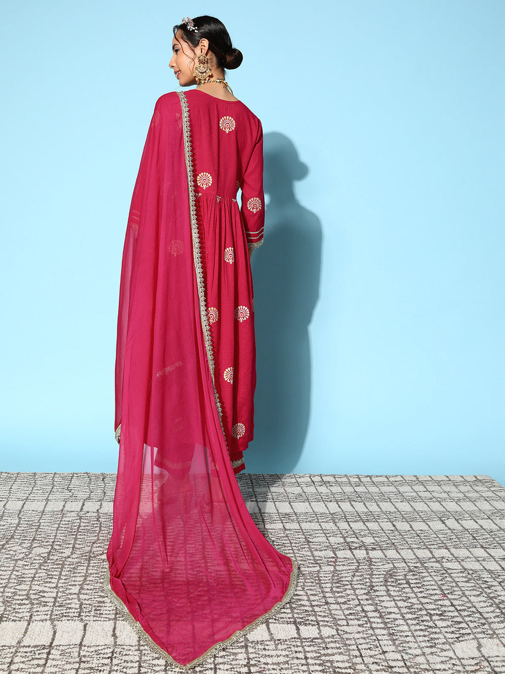 InWeave Women's Pink Nyra Cut Embroidered Kurta Set With Dupatta | Grocsy