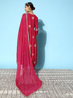 InWeave Women's Pink Nyra Cut Embroidered Kurta Set With Dupatta | Grocsy