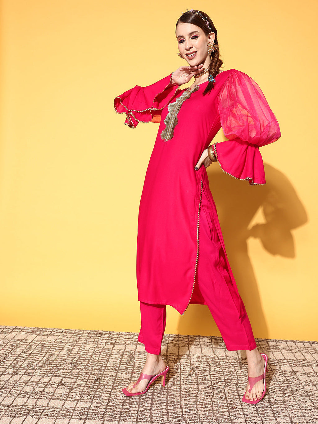 InWeave Women's Fuschia Organza Sleeve Gota Work Kurta Set | Grocsy