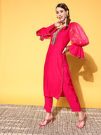 InWeave Women's Fuschia Organza Sleeve Gota Work Kurta Set | Grocsy