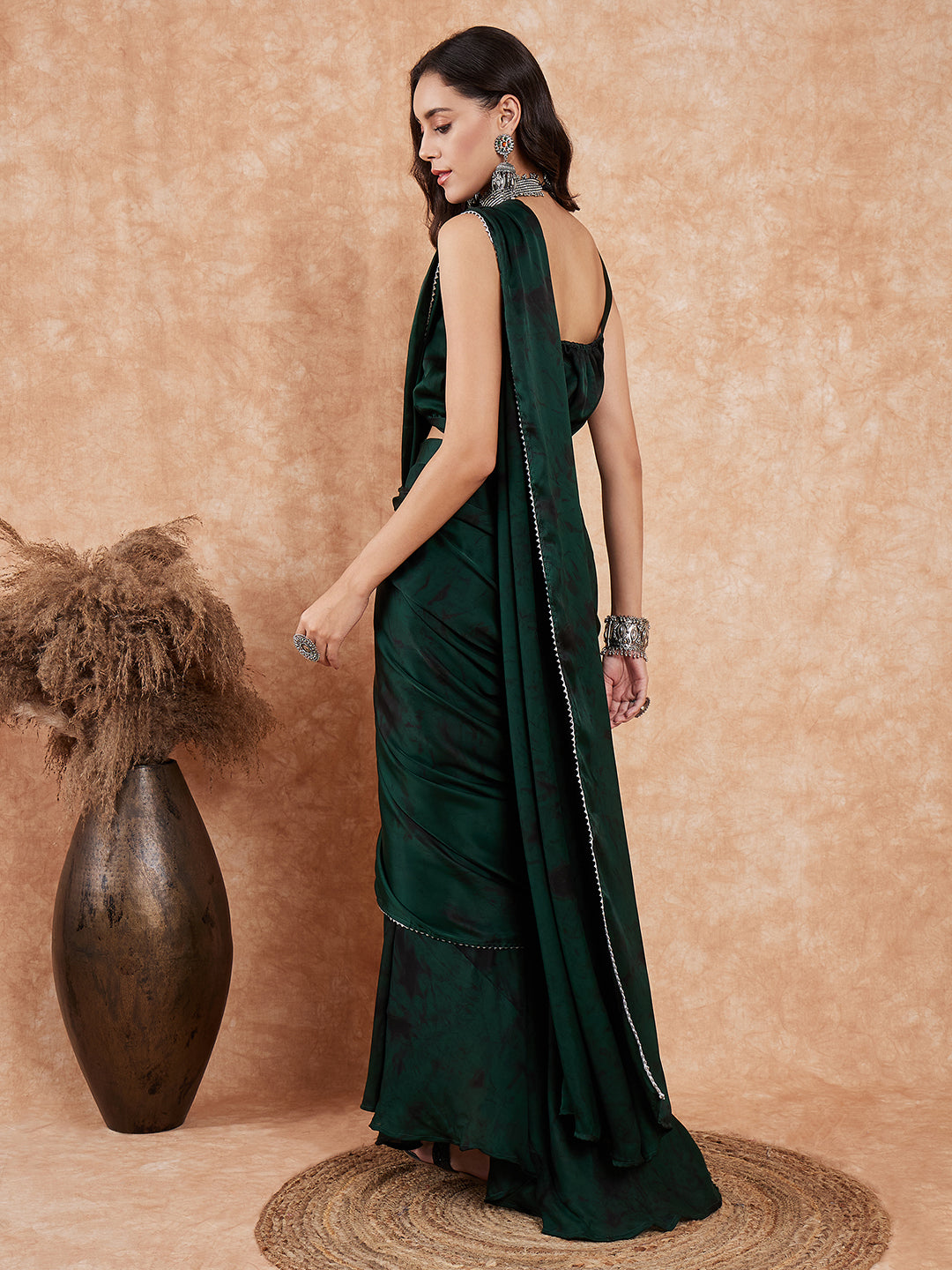 InWeave Women's Dark Green Black Gota Skirt Saree | Grocsy