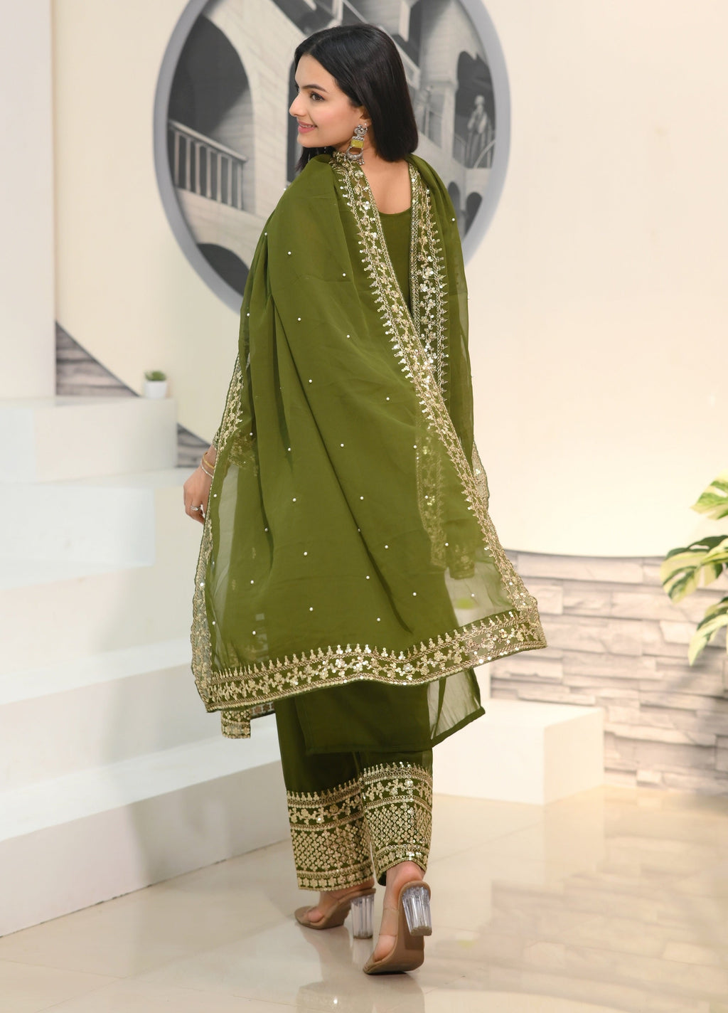 Teeya Creation Mehndi Color Faux Georgette Silk Heavy Embroidery Work Fully Stitched Salwar Suit | Grocsy