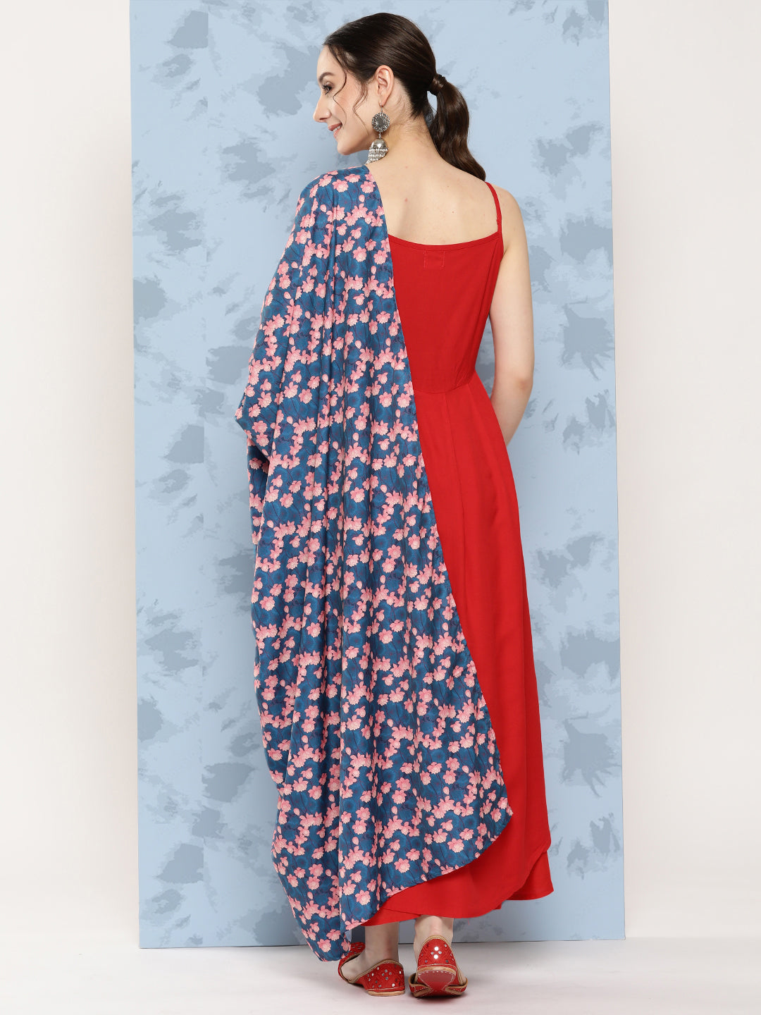 InWeave Women's Red Strappy Set W Navy Pink Lotus Cr Duptta | Grocsy