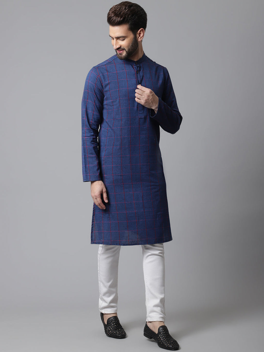 Even Apparels Blue Long Kurta With Band Collar | Grocsy