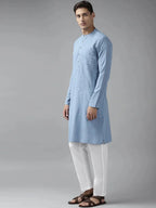 Fabmade Men Blue Cotton Linen Kurta Pyjama | Grocsy