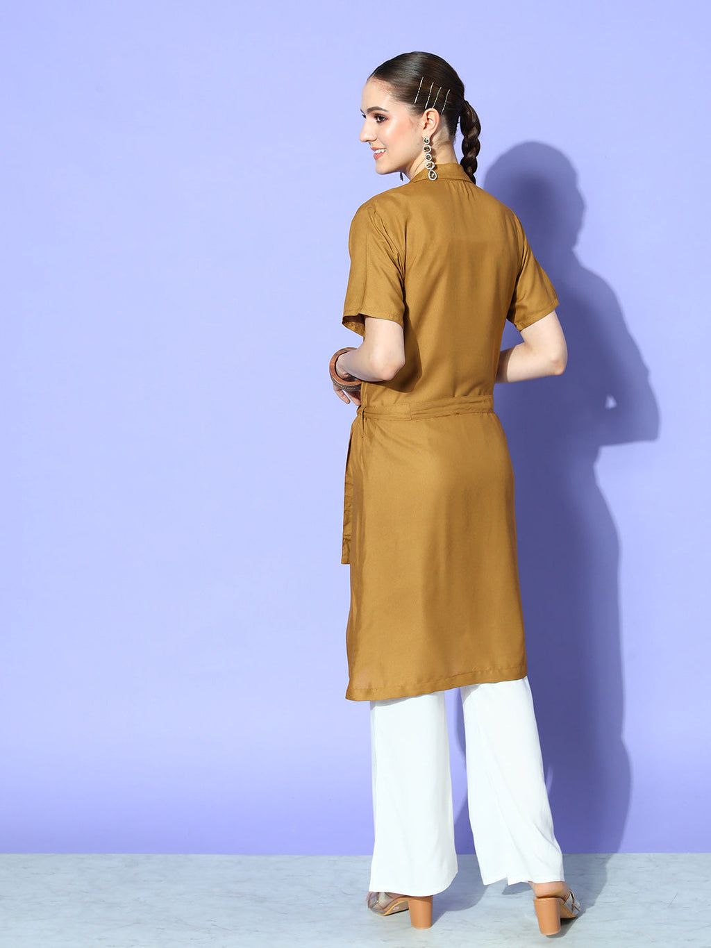 InWeave Women's Camel Brown Cream Pant Coord Set With Peach Crop Top | Grocsy