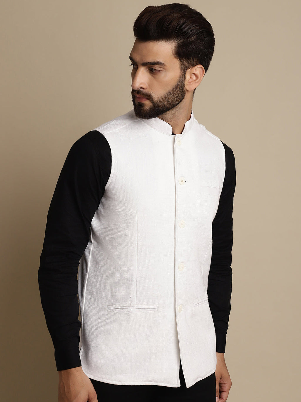 Even Apparels Men's White Mandarin Collar Waistcoat | Grocsy