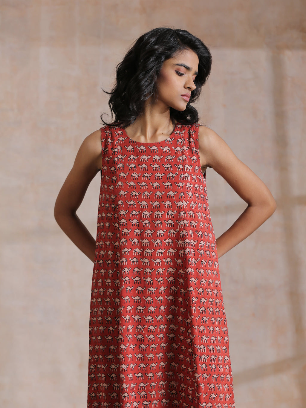 trueBrowns Rust Red Bagru Camel Print Cotton High-Low Co-Ord Set | Grocsy