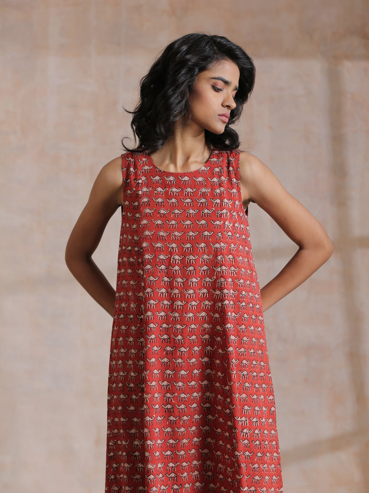 trueBrowns Rust Red Bagru Camel Print Cotton High-Low Co-Ord Set | Grocsy