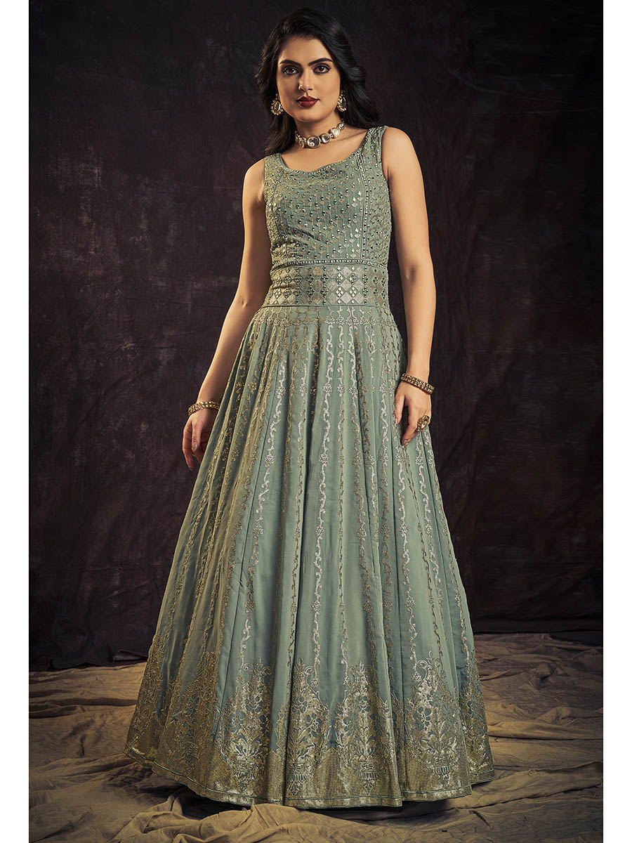 Myra Olive Real Georgette Designer Gown Style Suit | Grocsy