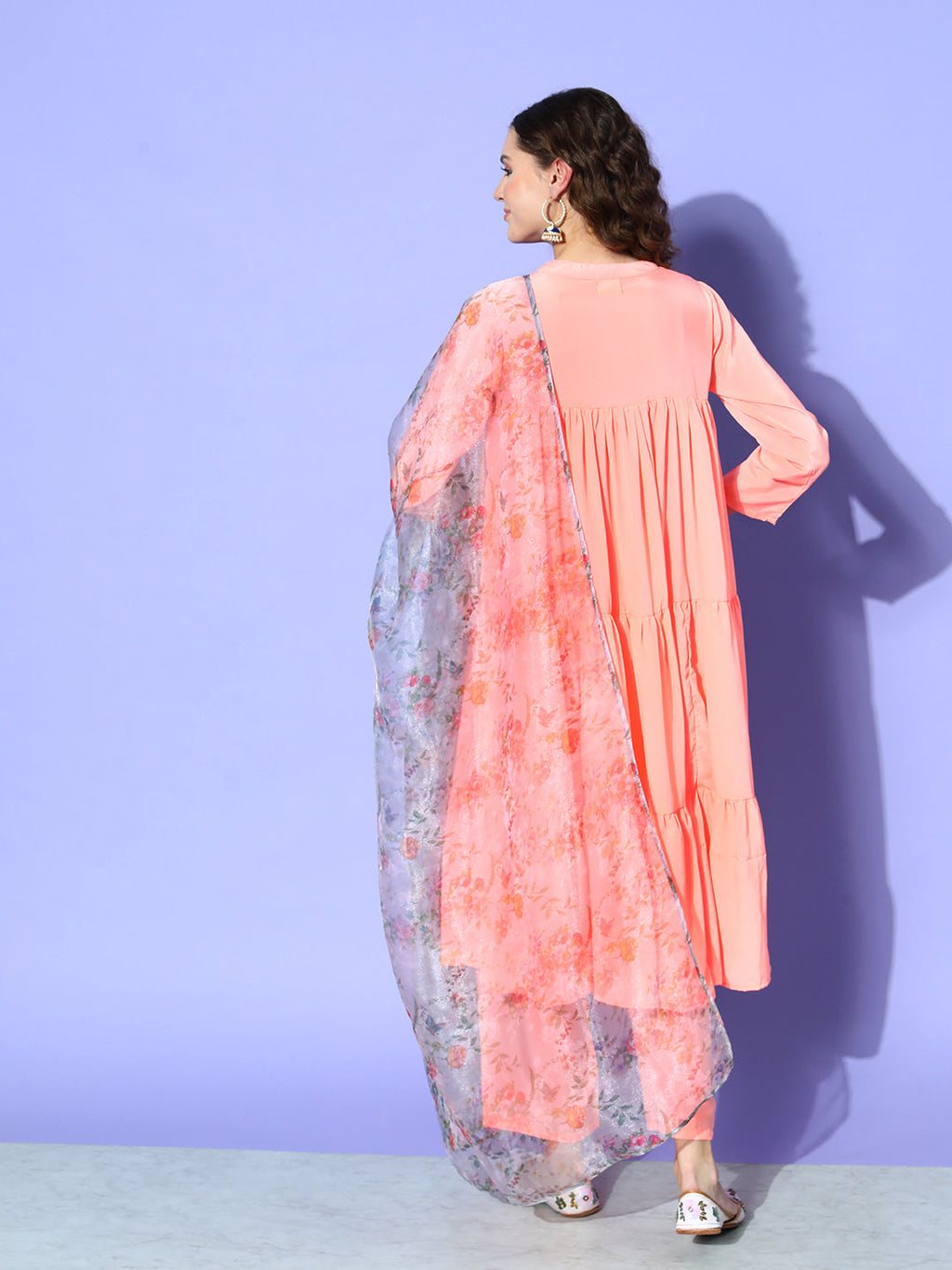InWeave Women's Peach Flared Kurta Set With Off White Folral Organza Dupatta | Grocsy