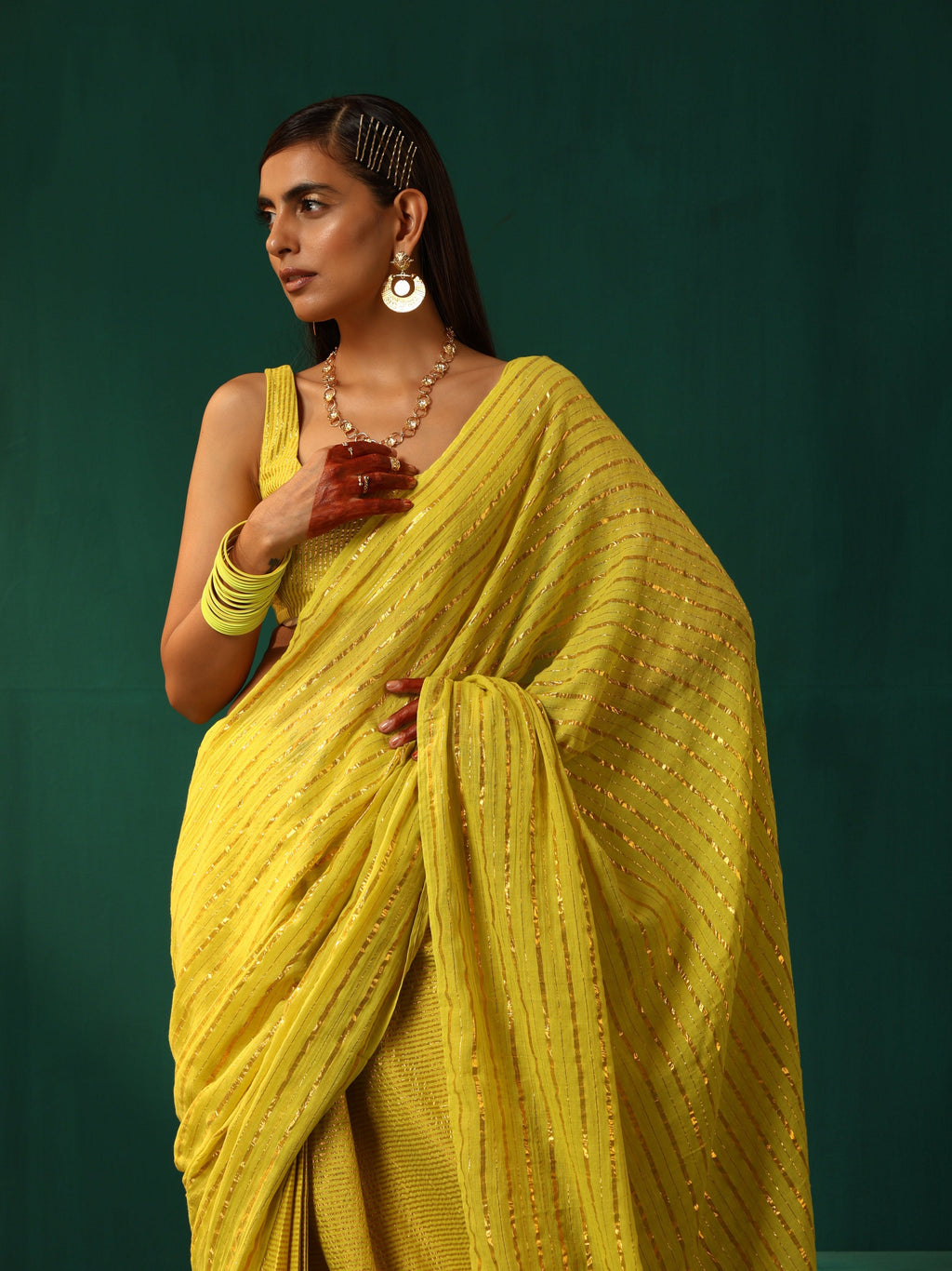 trueBrowns Lime Cotton Gold Lurex Striped Ready to Wear Saree | Grocsy