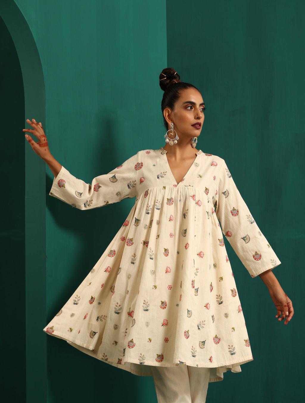 trueBrowns Ivory Multi Color Cotton Yoke Gathered Co-ord Set | Grocsy