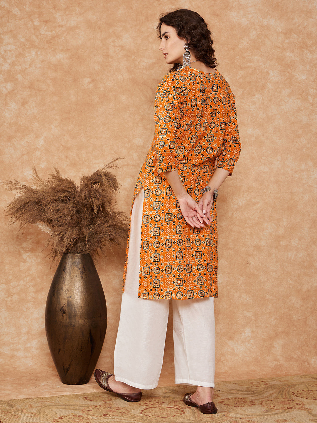 InWeave Women's Mustard Ethnic Print Lace Gota Work Straight Kurta | Grocsy