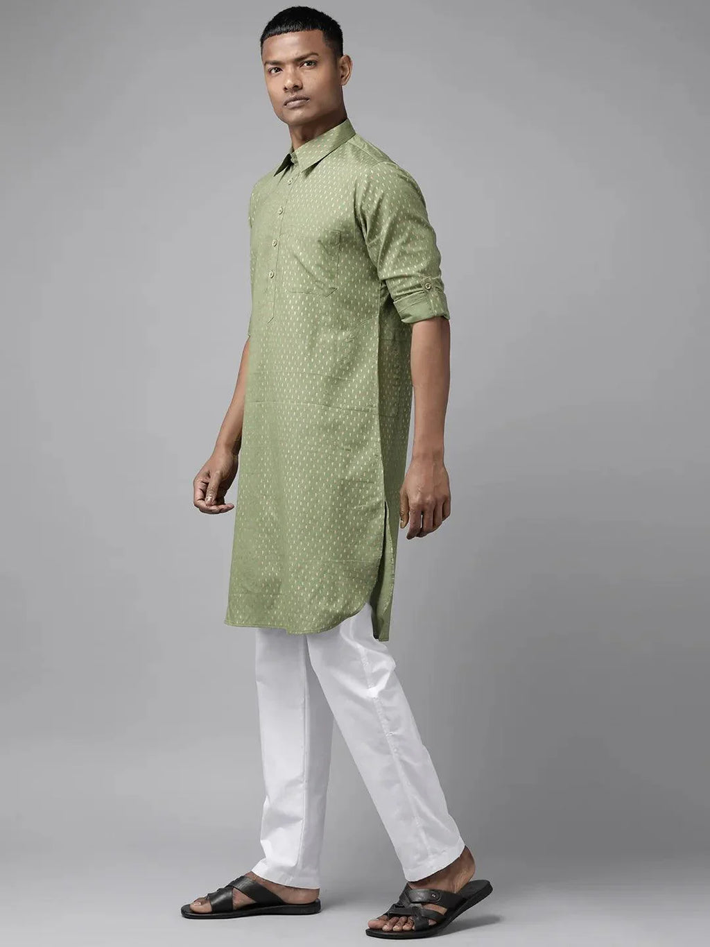 Fabmade Pure Cotton Olive Green Printed Pathani Kurta | Grocsy