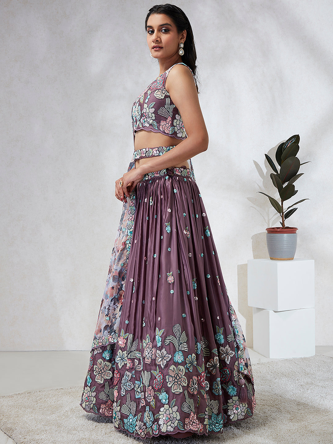 House of Panchhi Lavender Georgette Sequins And Thread Embroidery Lehenga Choli & Dupatta | Grocsy