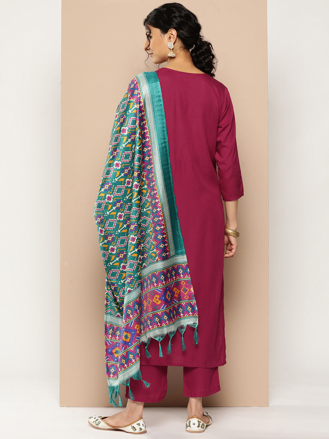 KSUT (House of Varanga) Magenta Kurta With Dori And Zari Embroidered Yoke Paired With Organza Dupatta And Straight Trouser | Grocsy