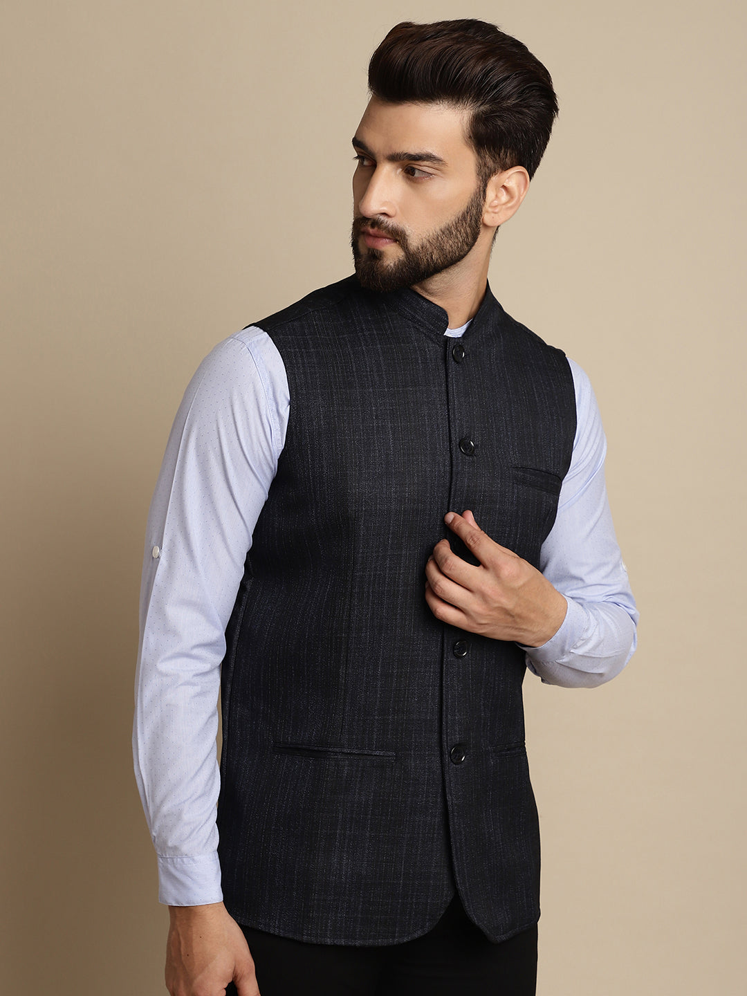 Even Apparels Men's Blue Mandarin Collar Waistcoat | Grocsy