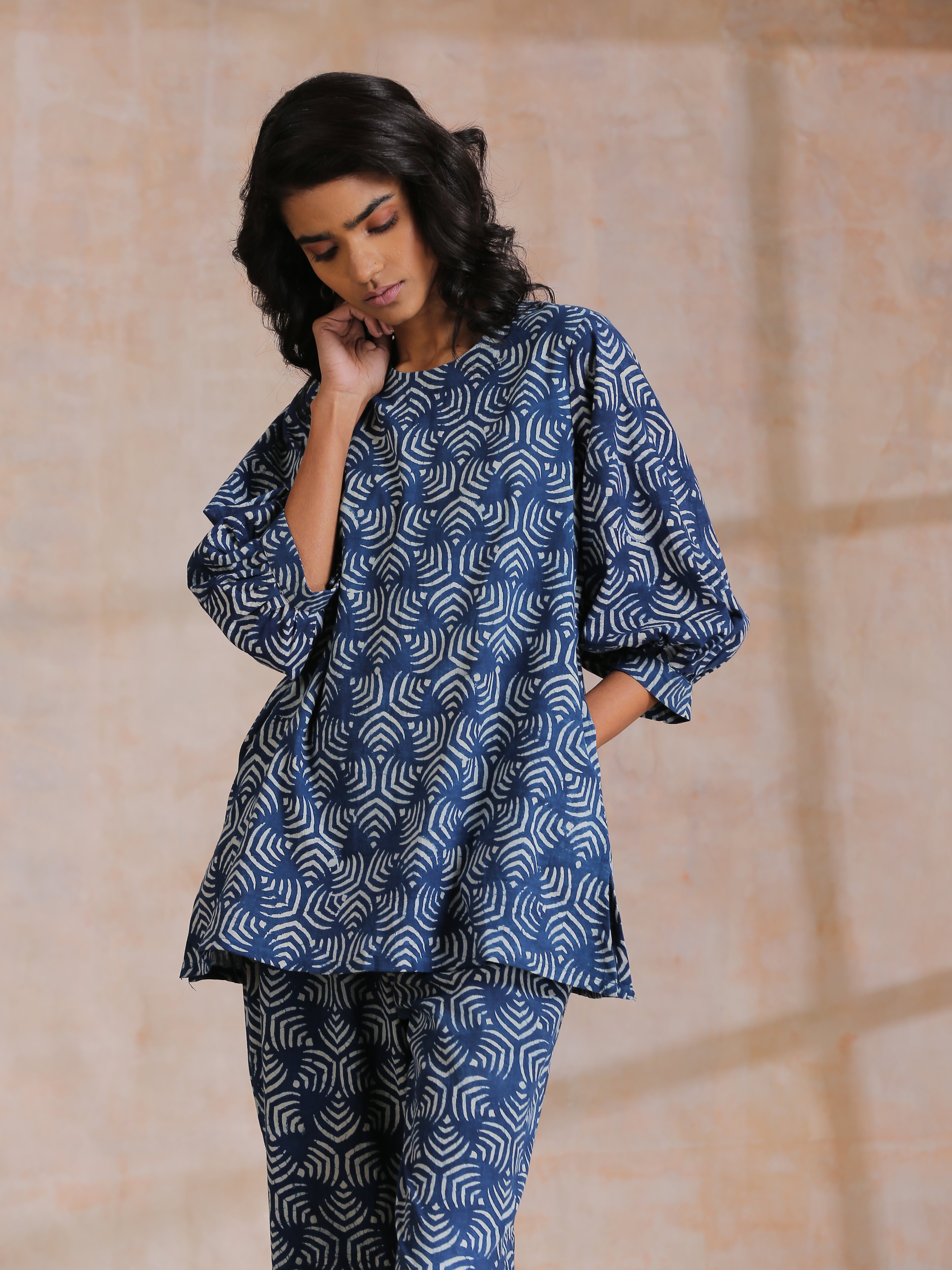 trueBrowns Indigo Dabu Overall Print Cotton Baggy Sleeve Co-Ord Set | Grocsy