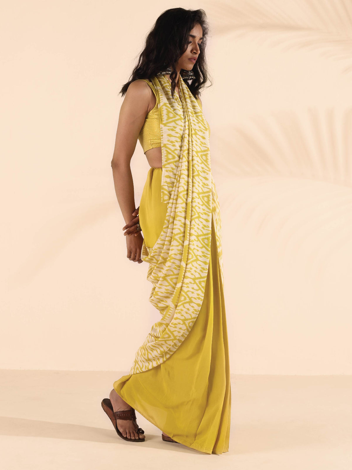 trueBrowns Lime Muslin Ikat Saree | Grocsy