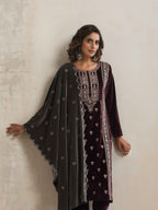 trueBrowns Purple Velvet Embroidered Kurta Pant Dupatta Set | Grocsy