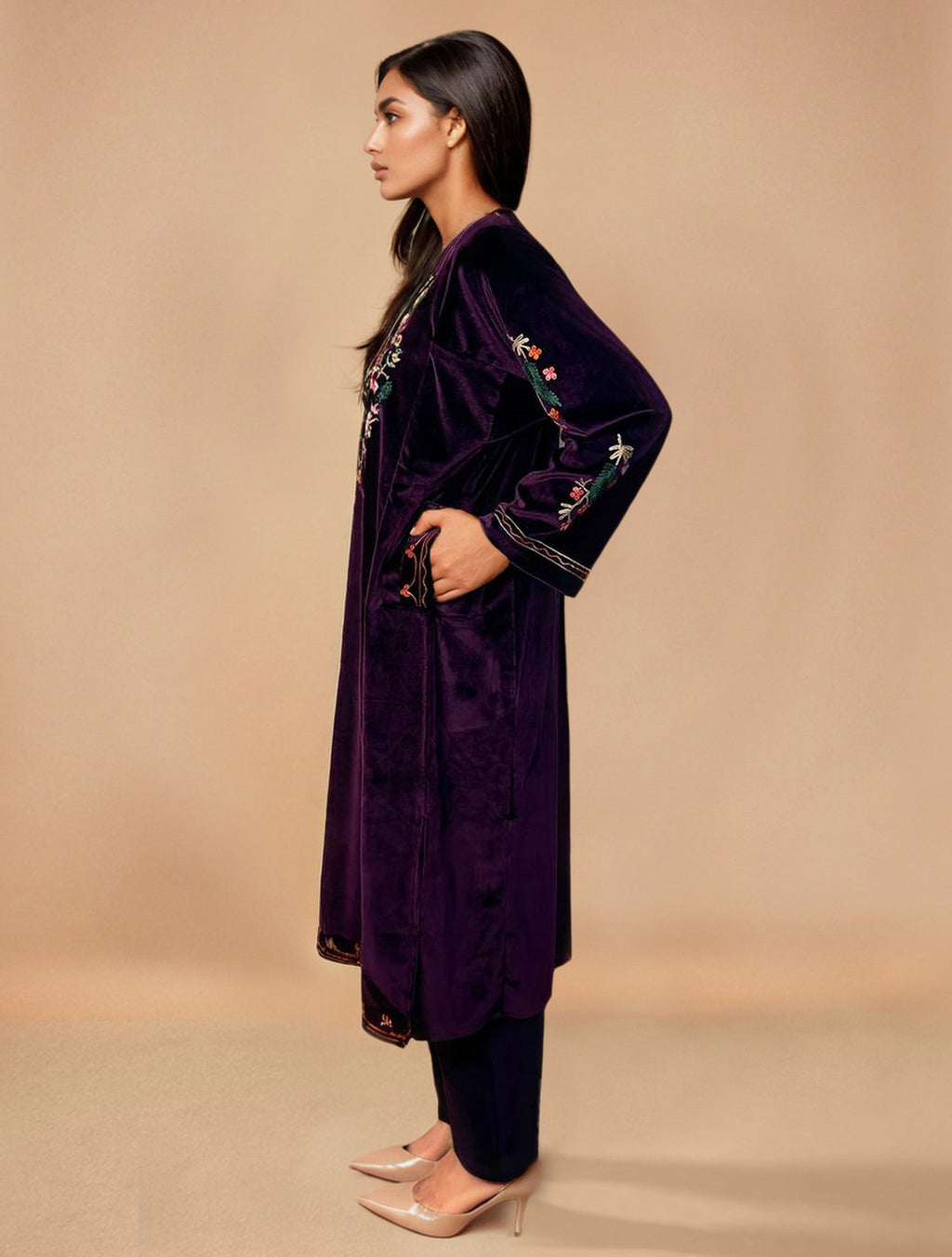 trueBrowns Wine Velvet Embroidered Kurta Set | Grocsy