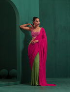 trueBrowns Green Pink Muslin Silk Ready to Wear Saree | Grocsy