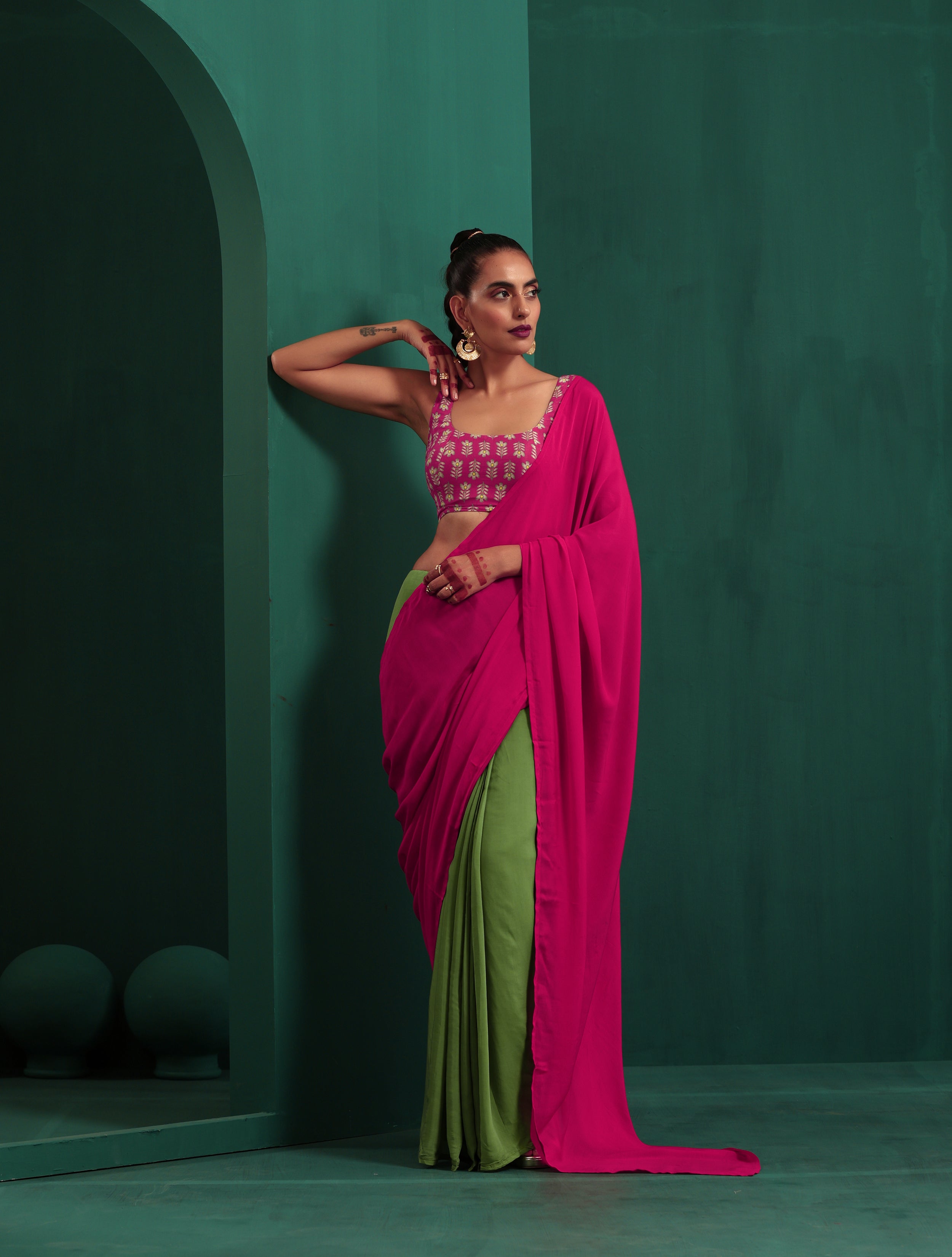 trueBrowns Green Pink Muslin Silk Ready to Wear Saree | Grocsy