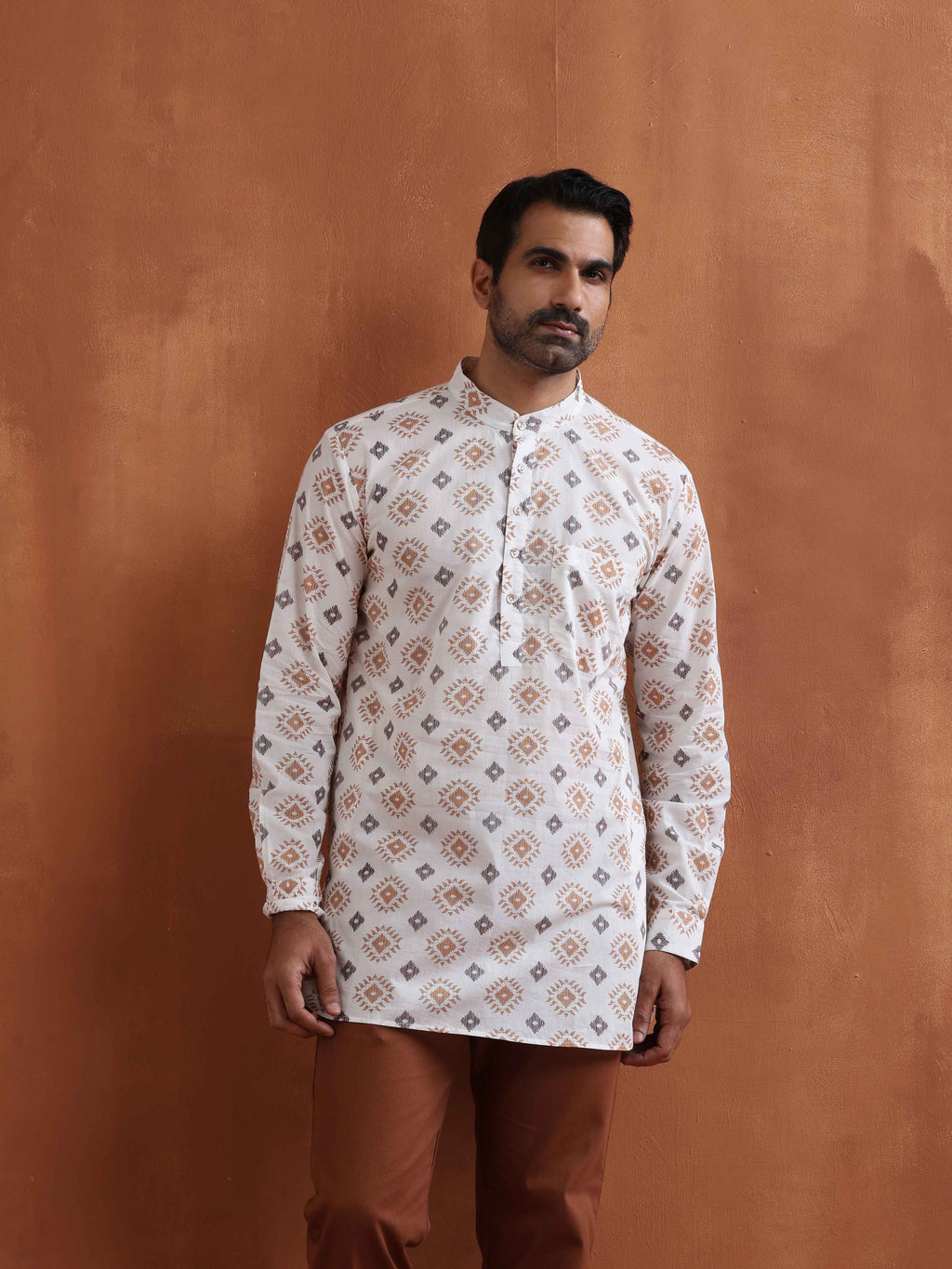 trueBrowns Men's Ivory Printed Short Kurta | Grocsy