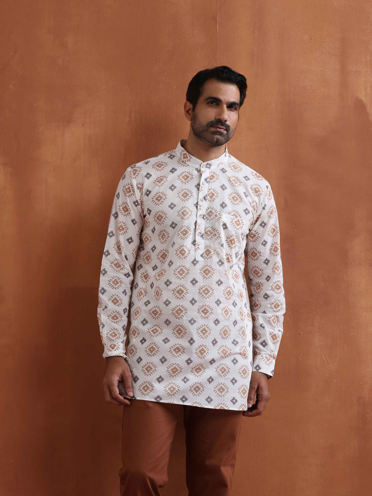 trueBrowns Men's Ivory Printed Short Kurta | Grocsy