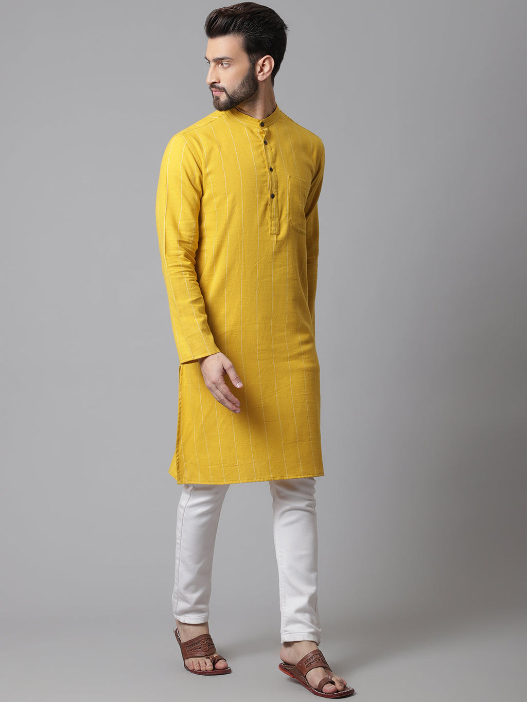 Even Apparels Yellow Pure Cotton Kurta With Band Collar | Grocsy