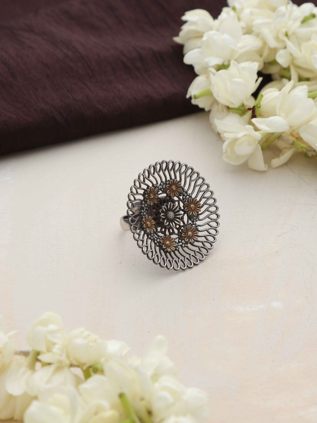 trueBrowns Silver Tone Floral Circular Ring | Grocsy