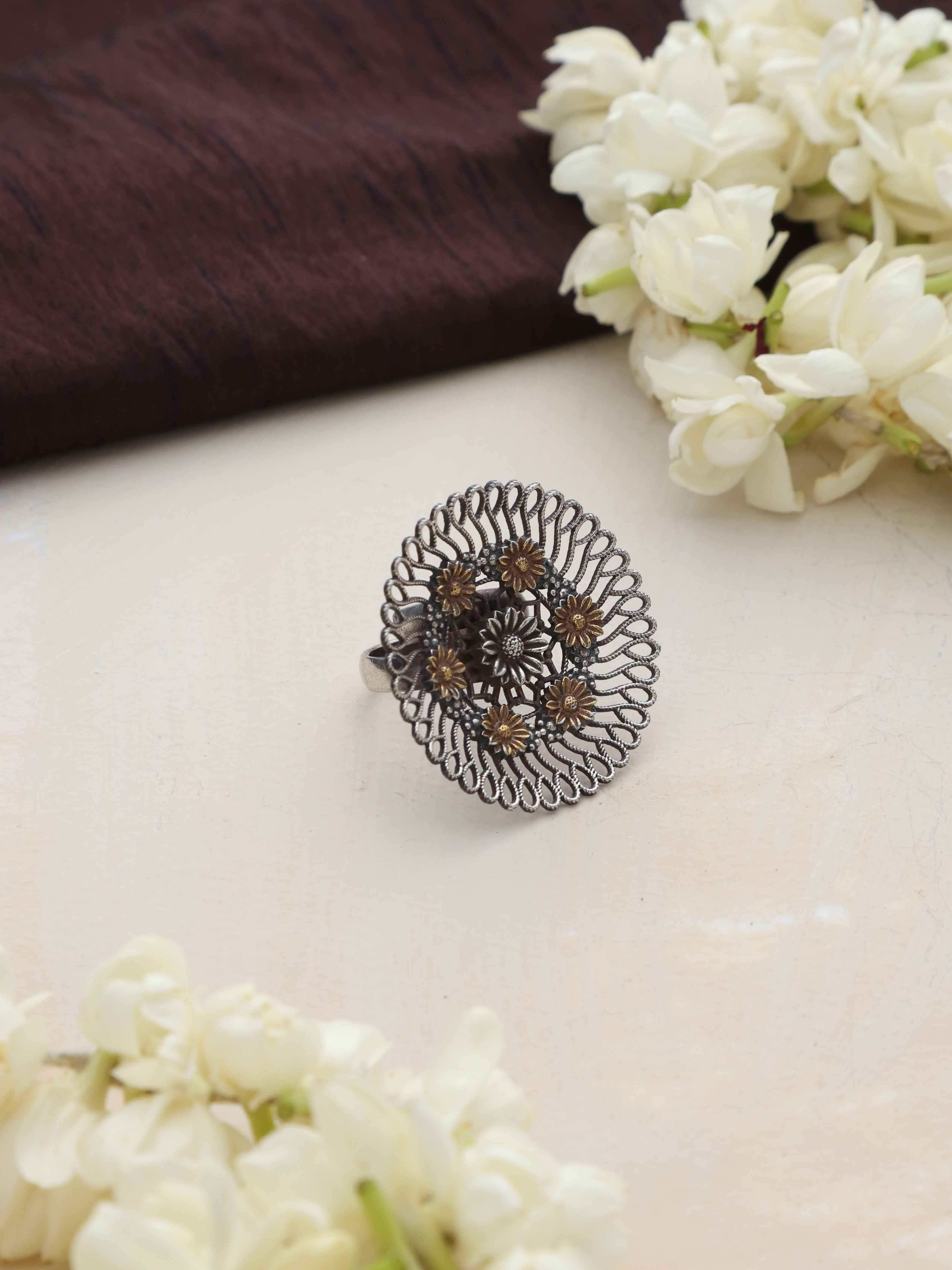 trueBrowns Silver Tone Floral Circular Ring | Grocsy