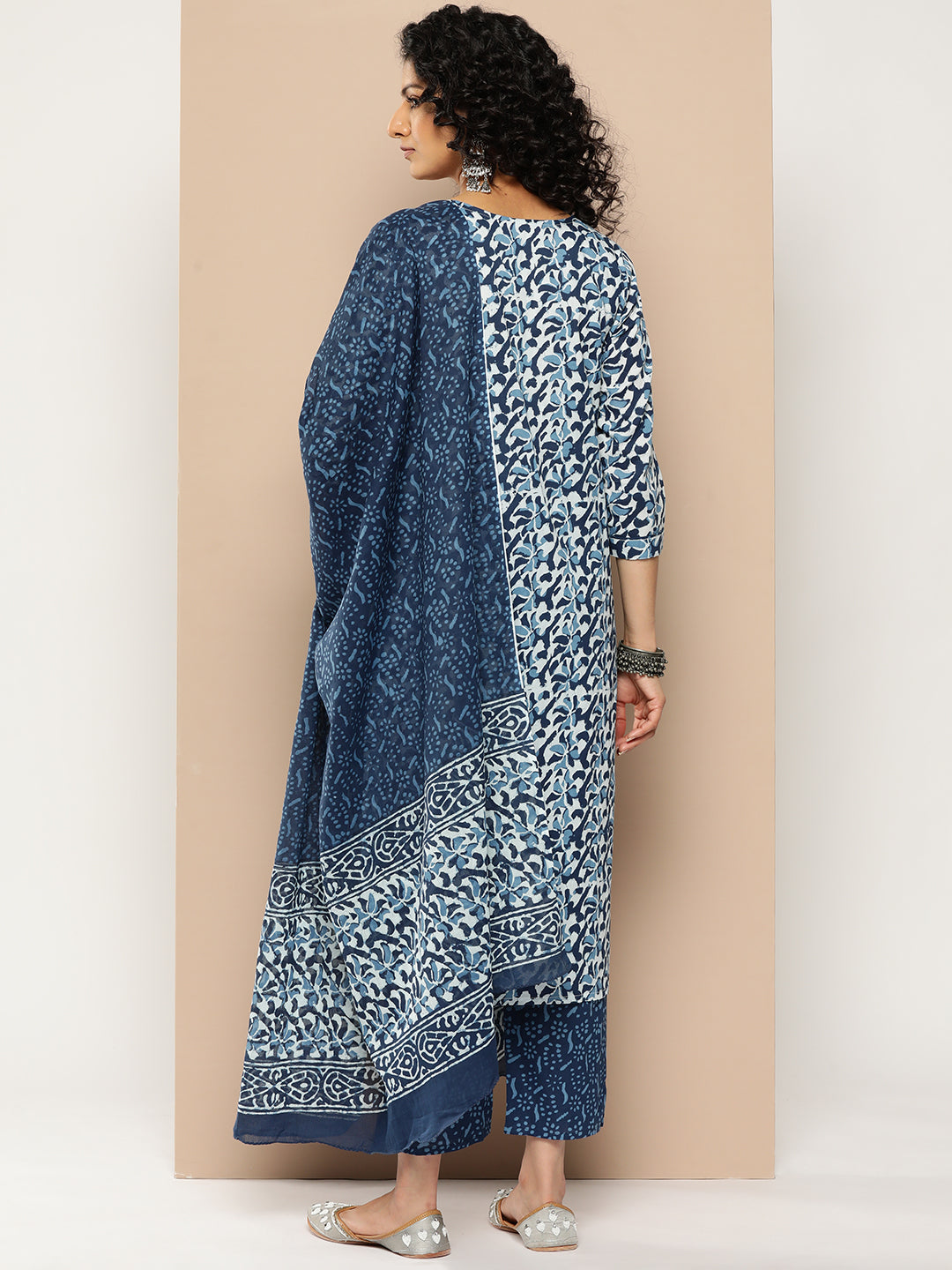 KSUT (House of Varanga) Blue And White Cotton Printed Yoke Design Kurta Paired With Printed Dupatta And Trouser | Grocsy