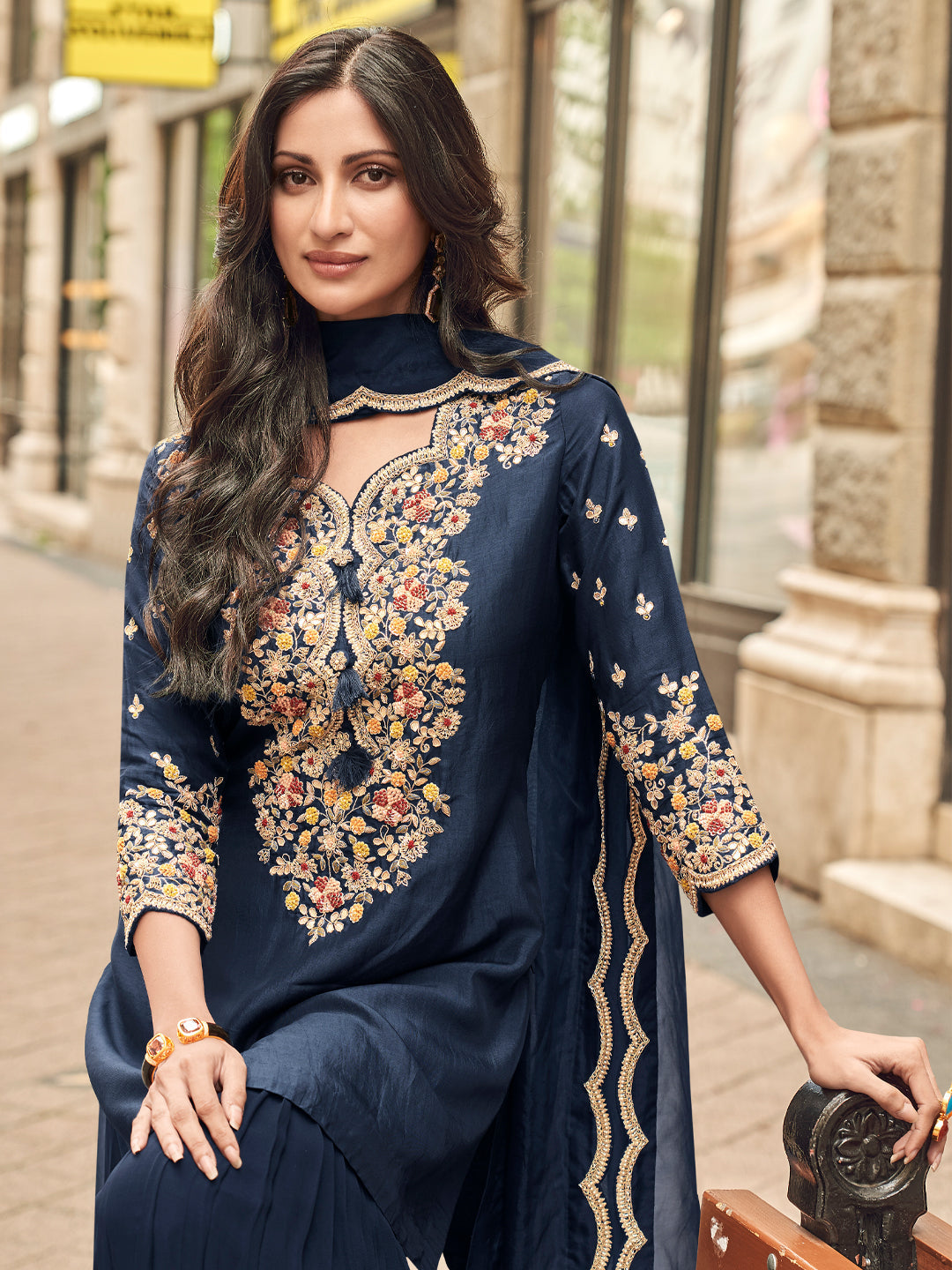 Evanik Women Navy Blue Floral Embroidered Kurta Sharara Dupatta Set | Grocsy