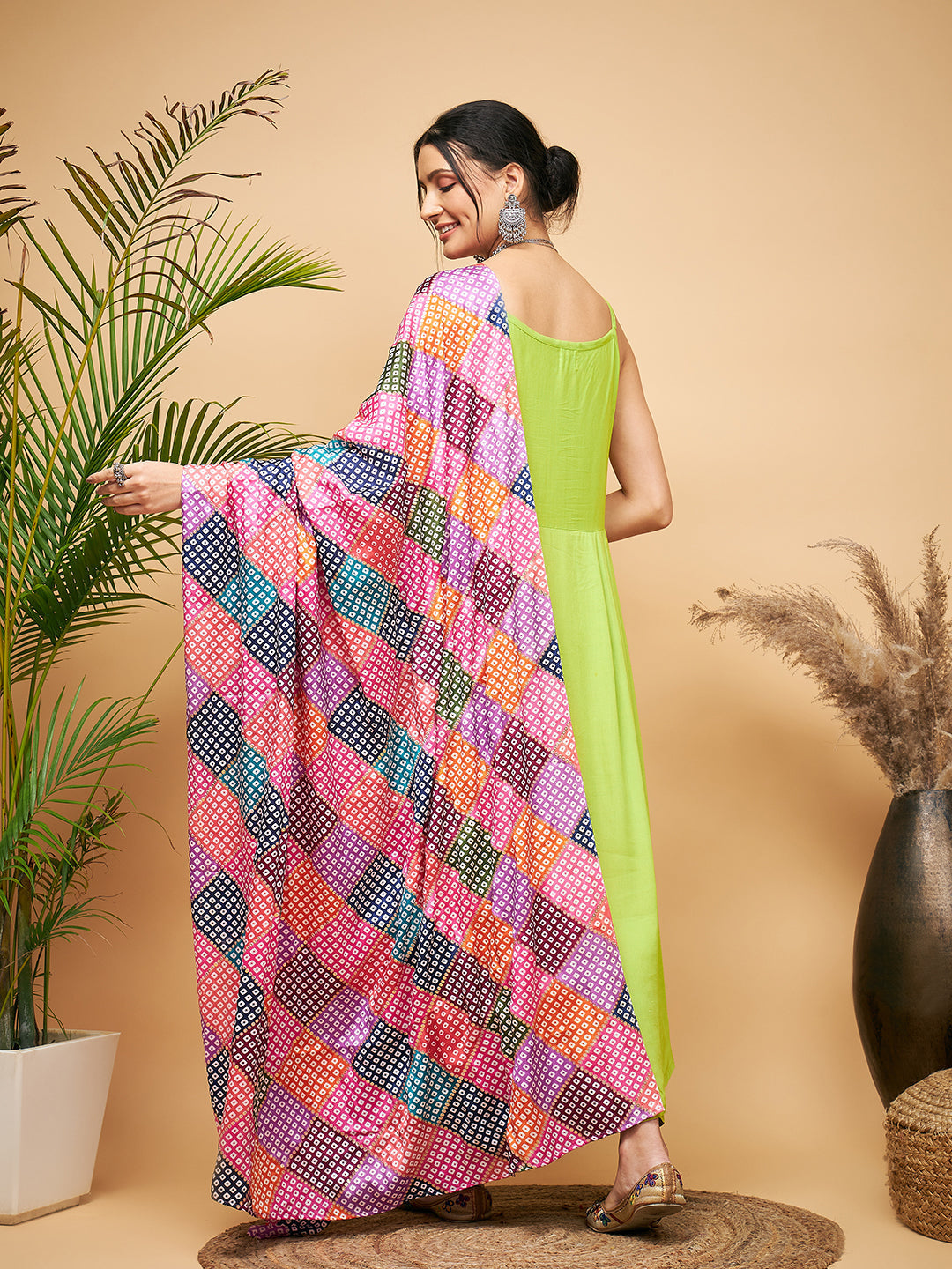 InWeave Women's Lime Green Strappy Set W Square Bandhani Print Silk Dupatta | Grocsy