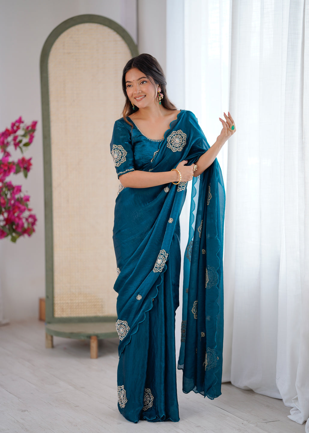 Evanik Designer Heavy Fendy Satin With Beads Embroidered Work Saree With Unstitched Blouse | Grocsy