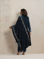 trueBrowns Blue Velvet Embroidered Kurta Pant Dupatta Set | Grocsy