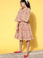 InWeave Women's Pink Boota Print Belted Dress | Grocsy