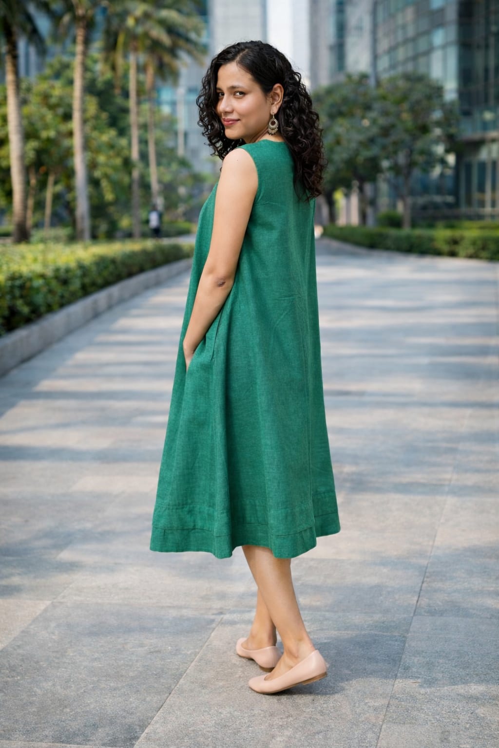 Myshka Women Green Linen Smart Casual A-Line Midi Dress | Grocsy