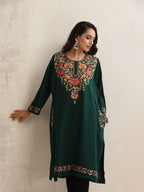 trueBrowns Green Kashmiri Embroidered Woollen Phiran Kurta | Grocsy