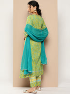 KSUT (House of Varanga) Green Floral Printed A-Line Kurta Paired With Printed Palazzo And Chiffon Dupatta | Grocsy