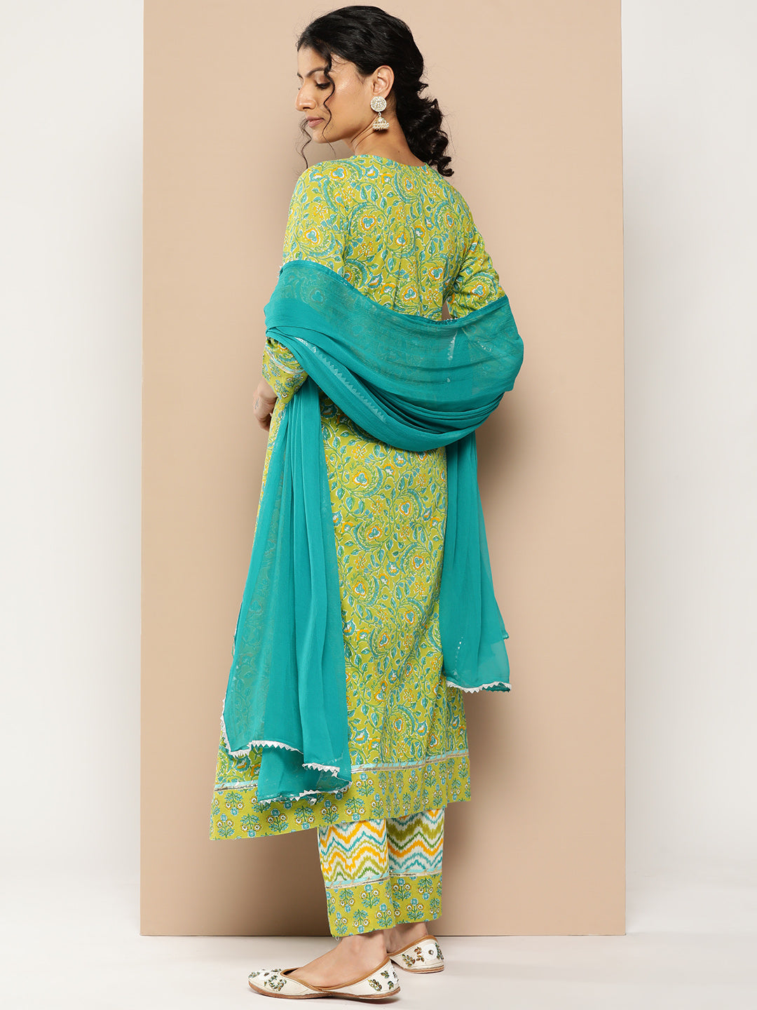 KSUT (House of Varanga) Green Floral Printed A-Line Kurta Paired With Printed Palazzo And Chiffon Dupatta | Grocsy