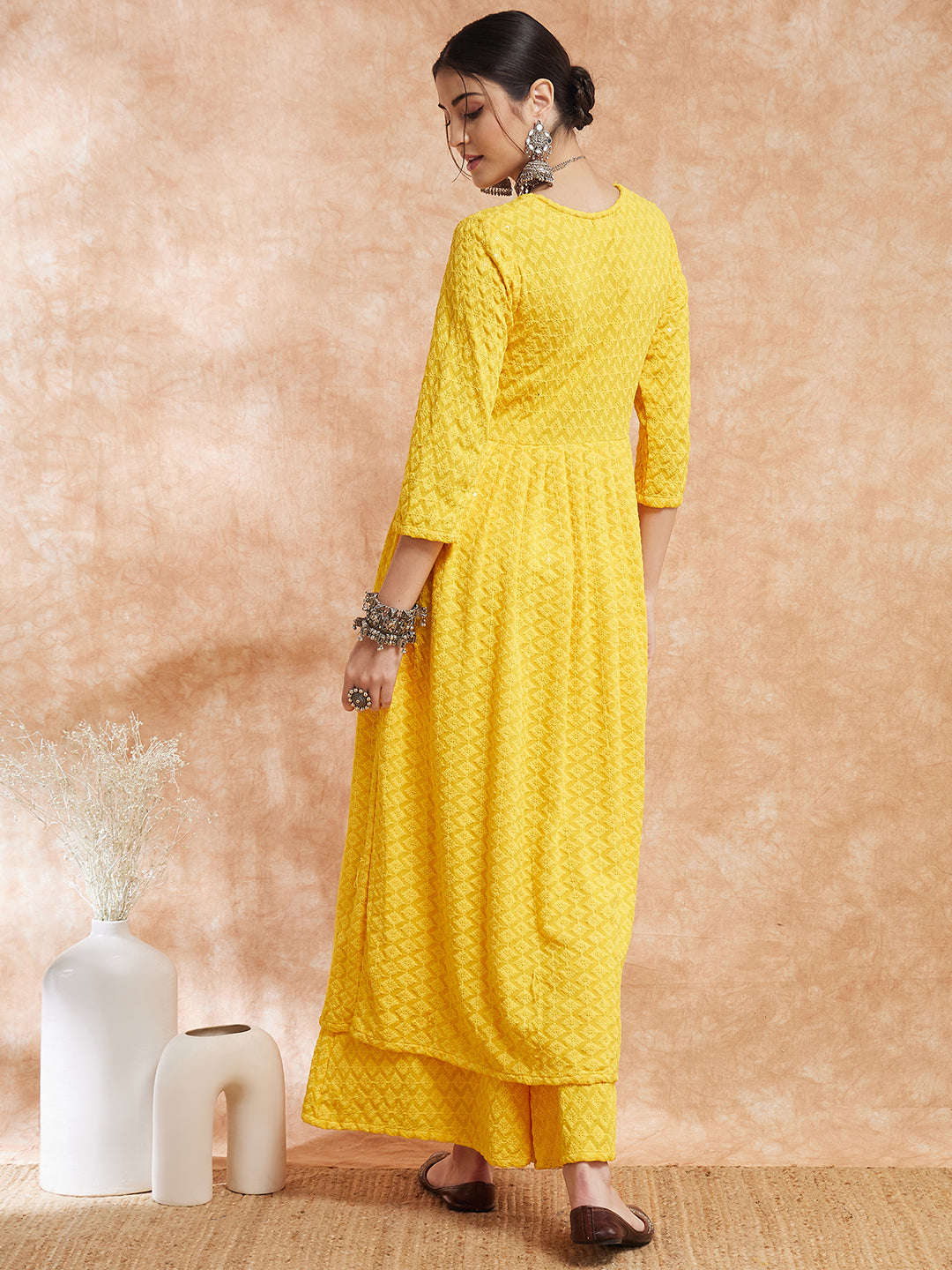 InWeave Women's Butter Yellow Chikankari Long Anarkali Kurta Sharara Set | Grocsy