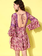 InWeave Women's Fuchsia Floral Prnited Bell Sleeve Short Dress | Grocsy