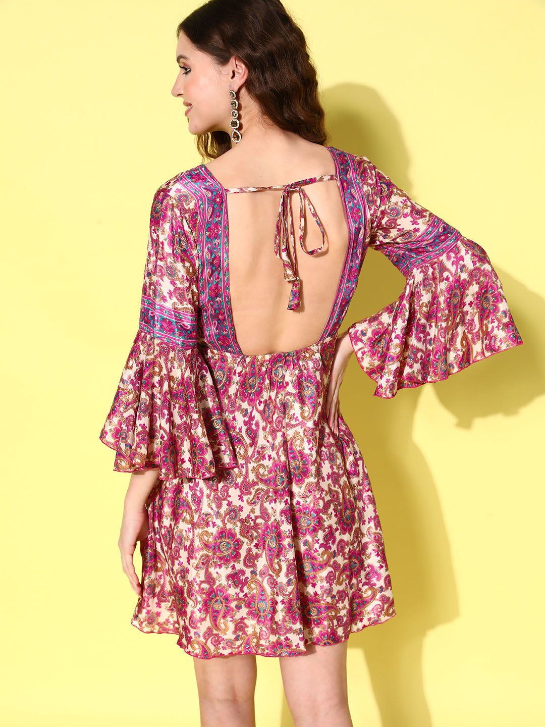 InWeave Women's Fuchsia Floral Prnited Bell Sleeve Short Dress | Grocsy
