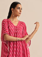 trueBrowns Pink Lehariya Printed Silk Kaftan Pant Set | Grocsy