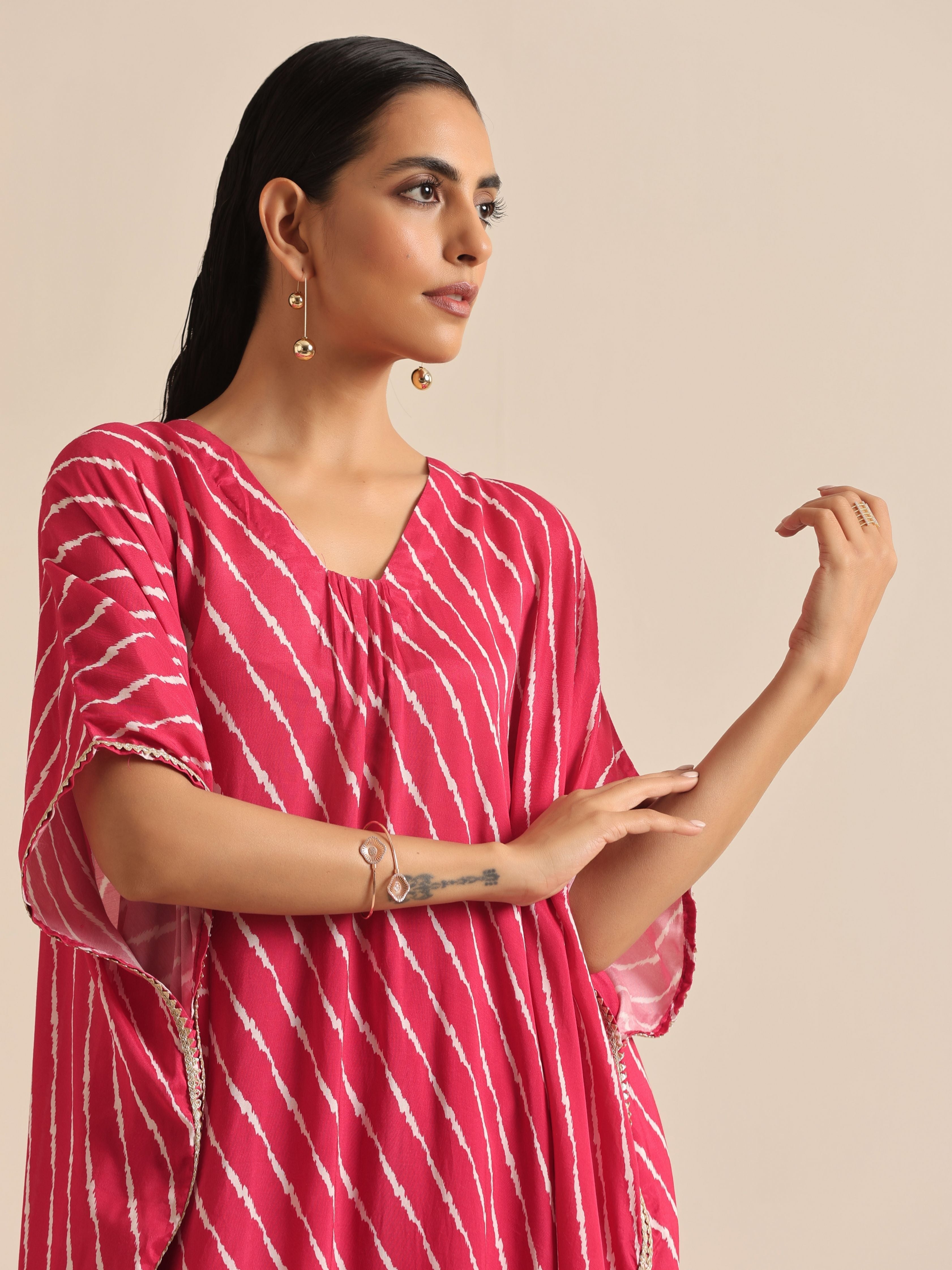 trueBrowns Pink Lehariya Printed Silk Kaftan Pant Set | Grocsy