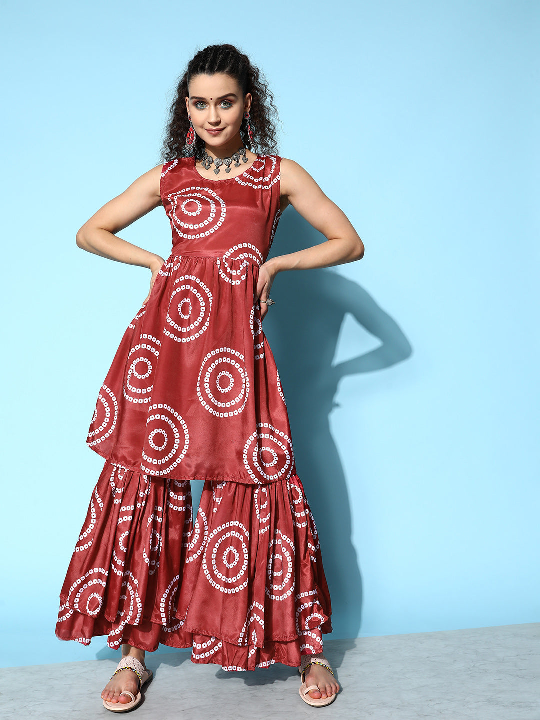InWeave Women's Maroon Bandhani Motif Tiered Sharara Set | Grocsy